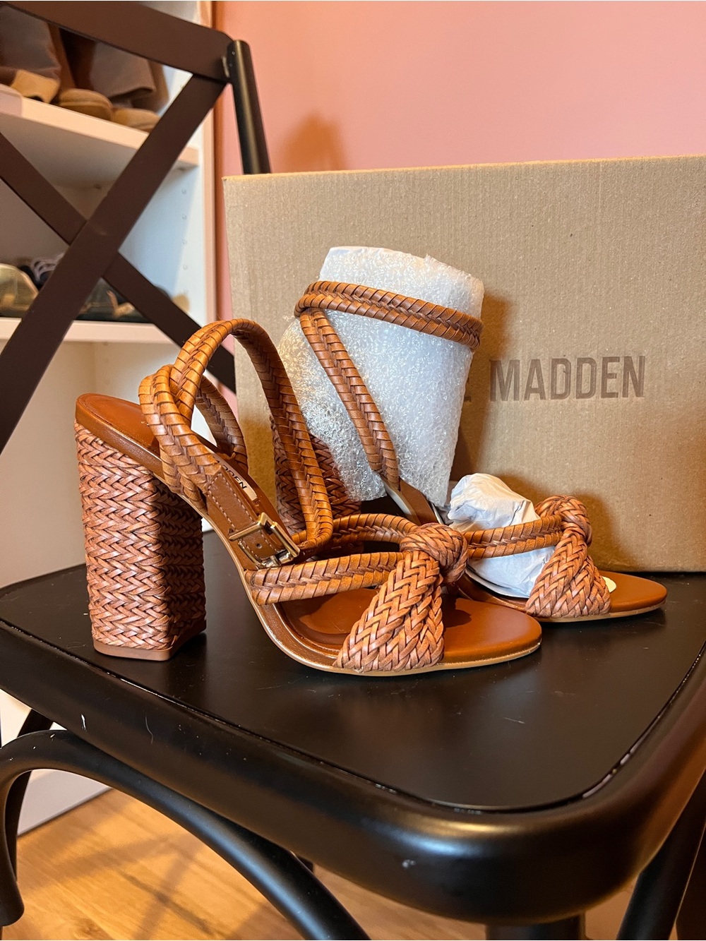 Steve Madden Woven Cognac Block Heel Sandals